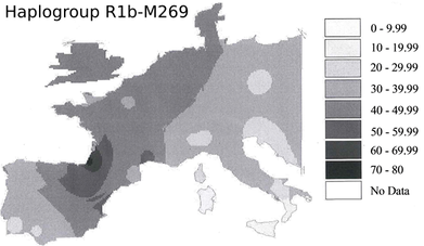 Map of haplogroup R1b-M269 in West-Europe and in the Mediterranean basin